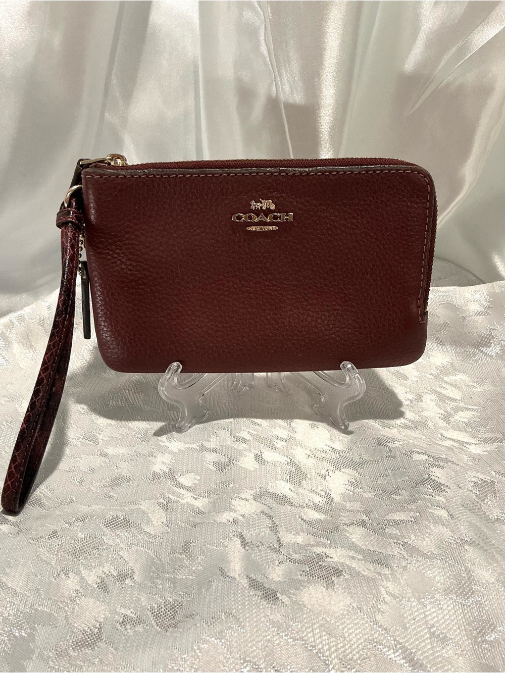 Coach Double Corner Zip Leather Wristlet With Snake Embossed Strap and Pulls